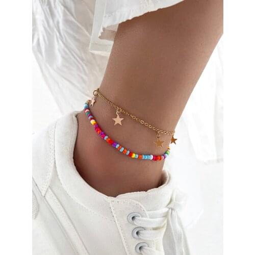 Stillgirl 2Pcs Boho Multi Color Beaded Chain Anklet Bracelet for Women Kpop Geometric Star Set Female Y2k Fashion Jewelry Bijoux