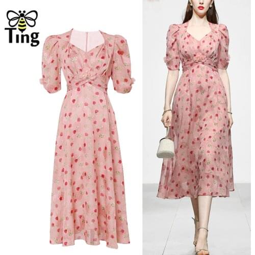 Tingfly Designer Runway Flower Print Vintage Elegant Pink Midi Long Dress Summer Party Dinner Dresses High Quality Traf Elbise