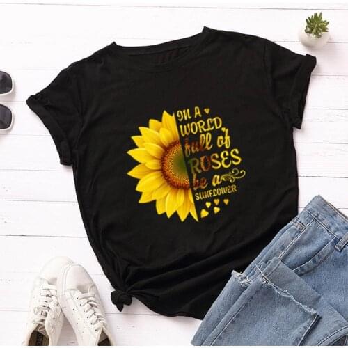 World Full of Rose Sunflower Print T Shirt Women Short Sleeve O Neck Loose Tshirt Summer Women Tee Shirt Tops Camisetas Mujer