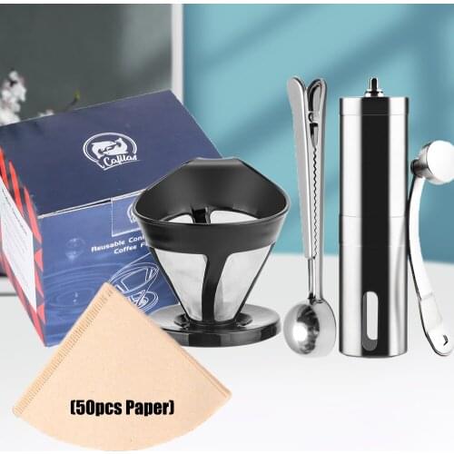 Coffee Dripper Engine V60 Style Coffee Drip Filter Cup Permanent Pour Over Coffee Maker with Disposible Paper Spoon and Grinder