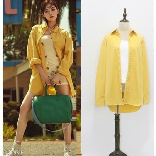 Kpop 4Minute Kim Hyun A Solid Color Turn-down Collar Button Shirt Women Loose Long Sleeved Summer Sexy Blouse Casual Ladies Tops