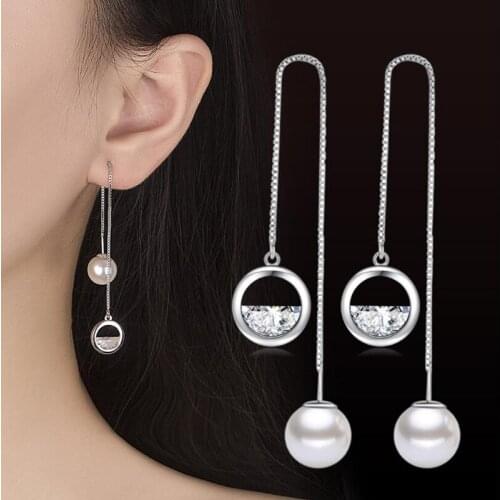 Fashion 925 Sterling Silver Luxury Pearl Box Chain Long Tassel Ear Line Drop Earrings Zirconia Prevent Allergy For Women
