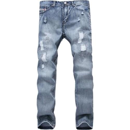 Fashion Brand Designer Mens Ripped Jeans Pants Light Blue Slim Fit Distressed Denim Joggers Male Plus Size 42 Torn Jean Trousers