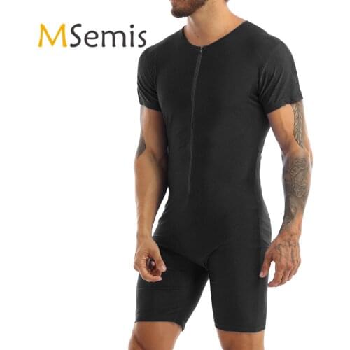 MSemis Mens Bodysuit Leotard Wrestling Singlet Zipper Boxer Thong Body Suit Bodystocking Fashion Clubwear Costumes