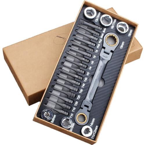 23pcs Multifunctional Ratchet Spanner Set Flexible Head Ratchet Double Box Wrench Socket Screwdriver Bits Auto Repairing Tool