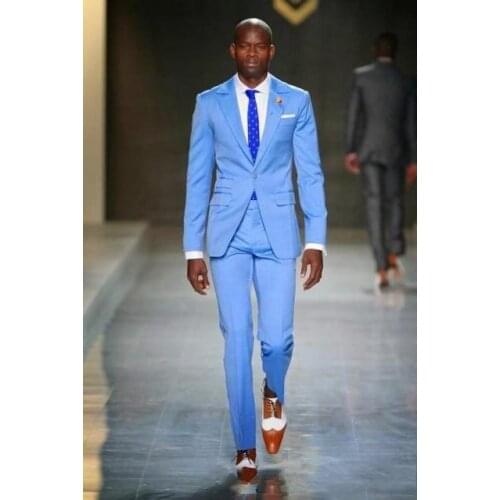 New Fashion One Button Blue Groom Tuxedos Groomsmen Notch Lapel Mens Suits Blazers (Jacket+Pants+Tie) W:817