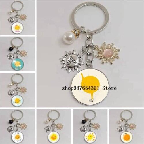 New cute cartoon happy sunshine round photo keychain glass cabochon pendant keychain a good mood gift for relatives and friends