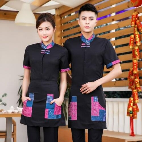 2018 Wholesales Catering Restaurant Waiter Short Sleeve Uniforms+Apron Set New Summer Retro Chinese Restaurant Cheap Workwear