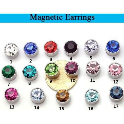 Wholesale 34pcs/lot 9mm 17 mix color magnet circle crystal earrings magnetic earrings fake ear stud earrings for men women