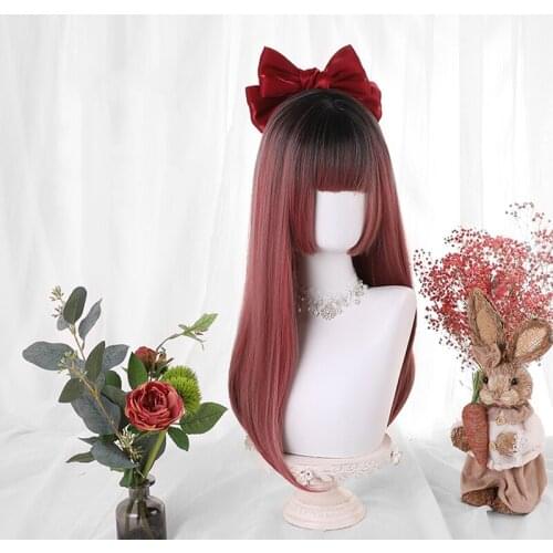 Gradient Dark Red Lolita Wig Brown Top Hime Cut Harajuku Cosplay Bangs 65cm Long Straight Sweet Hair Girls Synthetic Hair