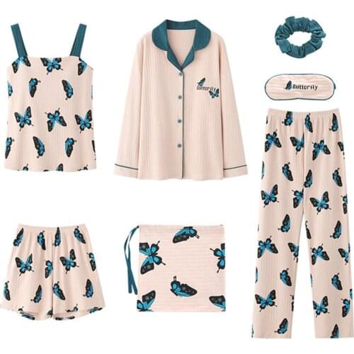 Butterfly Print Cotton Womens 7 Pieces Pajamas Sets With Chest Pad Spring Autumn Sleepwear Female Homewear Home Clothes Pyjama