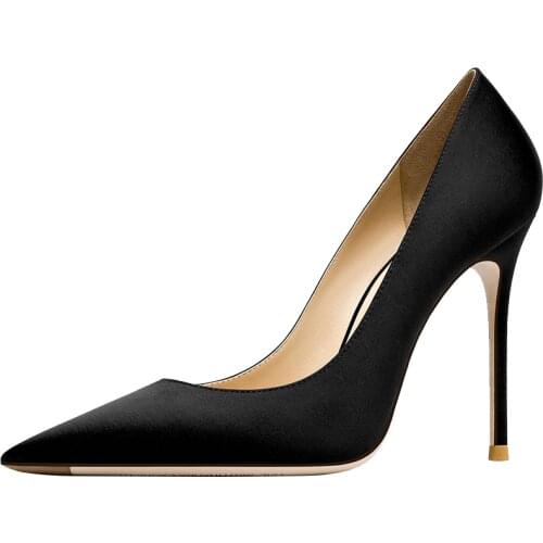 Quality Silk Satin Women Sexy Pumps Black Women Autumn Shoes Winter Thin Heel Stilettos Genuine Leather Ladies High Heeled Shoes