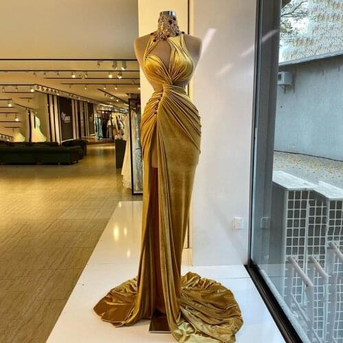 Gorgeous Arabic Mermaid Prom Dresses High Neck Velvet Split Evening Dress With Crystal Sexy Cutaway Sides Women Party Gowns