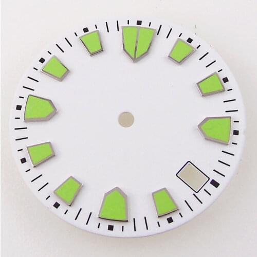 High Quality 28.5mm White Dial With Green Marks For NH35 Automatic Movement Date Window