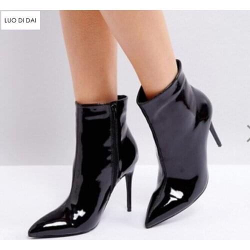 2019 spring fashion women black boots zip on women ankle booties thin heel patent leather boots ladies party shoes point toe