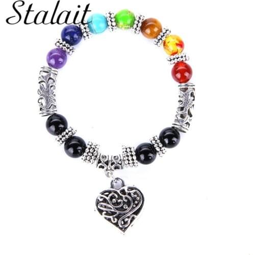 8mm / 10mm Women Peach Heart Pendant Charm Bracelet Snow Elbow 7 Chakra Natural Stone Bracelet Female