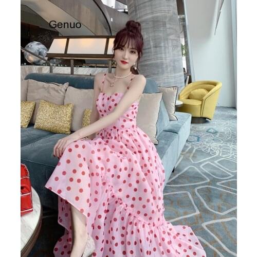 Female Summer Waist Female Ankle Pink Polka Dot Sexy Slim Chiffon Suspender Dress