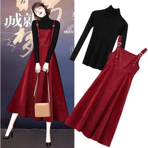 Women 2020 Autumn Winter Retro 2 Piece Sets Female Turtleneck Long Sleeve Knitted Sweater Tops And Strap A-Line Dress Suits N275