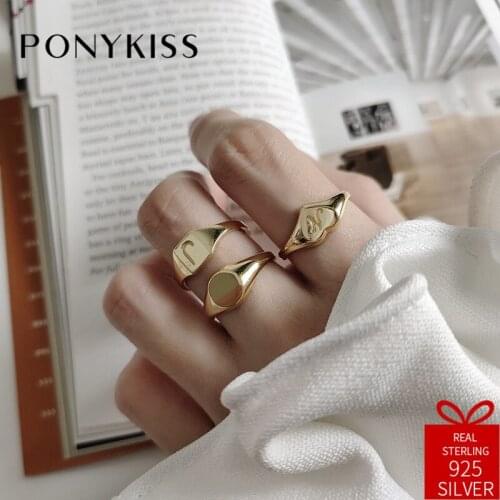 PONYKISS Vintage 100% 925 Sterling Silver Golden Letter Geometric New Adjustable Opening Set Ring Women Party Chic Jewelry Gift