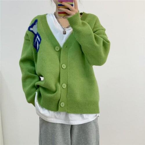 Knitted Cardigan Coat Women 2021 Spring New Solid Cartoon Bear Sweater Women Fall Vintage Outerwear Women Tops