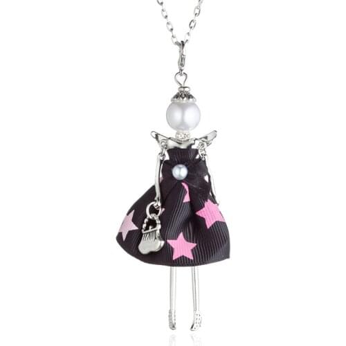 Simulated Pearl Bowtie Star Sriped Long Dress Doll Pendant Necklace Silver Long Chain Handmade Jewelry For Women Collier Femme