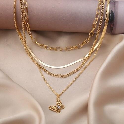 2021 NEW Arrival Gothic Multi Layer Chain Choker Necklace for Women Punk Butterfly Portraits Pendant Long Chain Necklace Jewelry