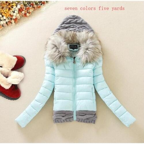 Winter light thin warm short cotton womens large fur collar stitching knit hooded cotton coat womens outdoor cotton coat