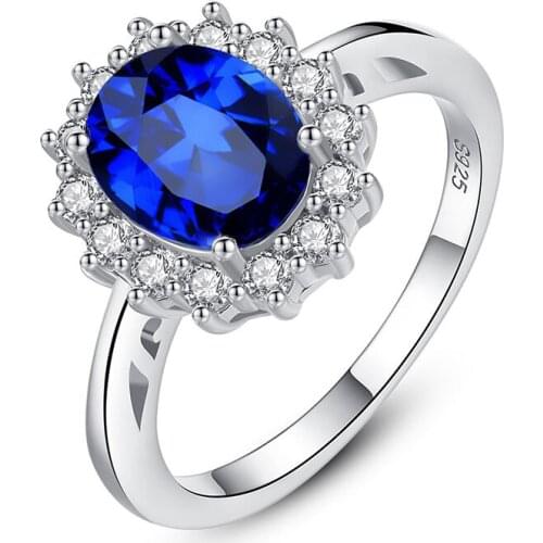 100% 925 Sterling Silver Blue Gemstone Rings Created 7x9MM Oval-Cut Wedding Engagement Sapphire Ring Solid Fine Jewelry Gift