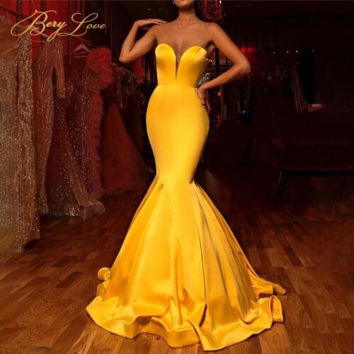 BeryLove Gold Mermaid Evening Dresses Sweetheart Sexy Zipper Back Formal Party Gown Prom Dresses Satin Floor Length Long dress