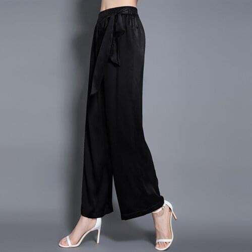 New Pants Women 2021 Spring Summer Black Wide-Leg Pants Casual Loose Trousers Fashion Bowknot Mulberry Silk Pants