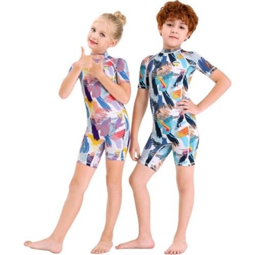 Kids short sleeve Swimsuit Wetsuits Snorkeling Surfing Childrens one piece Swimwear back Zipper Elastic Diving Suits