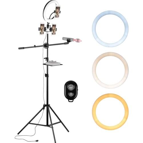 10inch Video Ring Light Kit 3 Color 10-level Dimmable 3200-5600K with Tripod Ball Head Triple Phone Holders Micropone