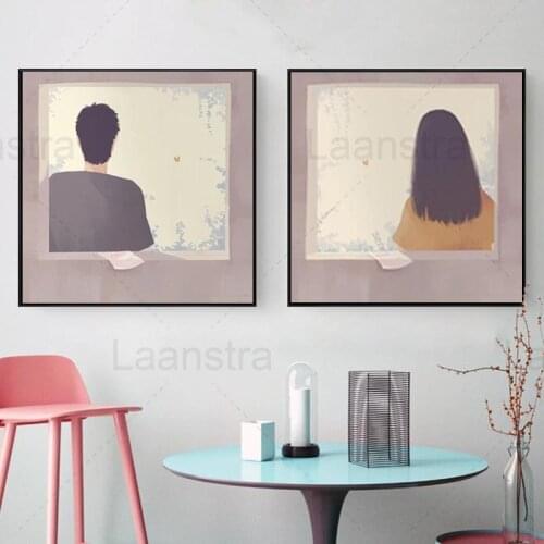Cartoon Boy Girl Back View Nordic Posters Wall Picture Home Decor For Bedroom Living Room Modern Canvas Art Painting Couple Gift