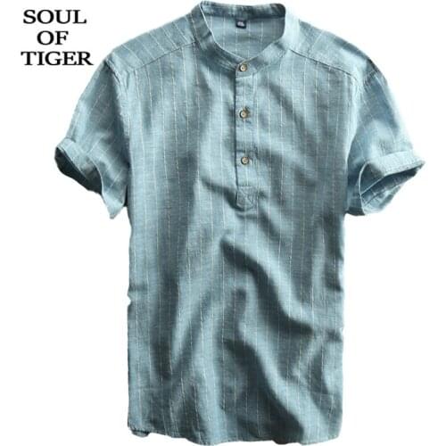 SOUL OF TIGER 2020 Summer Korean Fashion Mens Printed Tops Male Linen Vintage Shirts Casual Loose Streetwear Blouses Plus Size