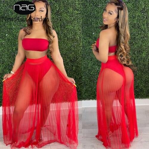 NewAsia Sexy Two Piece Set Strapless Crop Top See Through Mesh Pleated Long Skirts Sets Women Summer Chic High Waist Skirt Suits