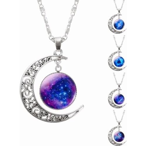 Galaxy Planet Star Glass Cabochon Pendant Necklace Crescent Moon Jewelry Silver Plated Chain Necklace Women Friend Best Gifts