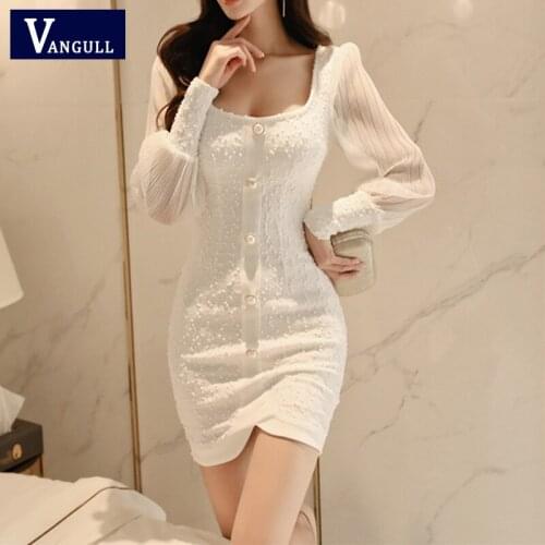 Vangull Sexy Elegant Mesh Patchwork Women Dress Female Sheath Bodycon Short Dress Square Collar Mini Pencil Vestidos Dresses