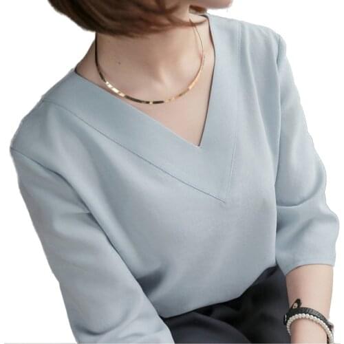 RibbonFish Women Summer Style Chiffon Blouses Shirts Lady Girls Simple Style V-Neck Gray Pink White Blusas DD1339