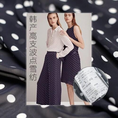 Made in Korea dark blue dots printed Chiffon 100%polyester garment materials summer dress shirt DIY clothes fabrics Freeshipping