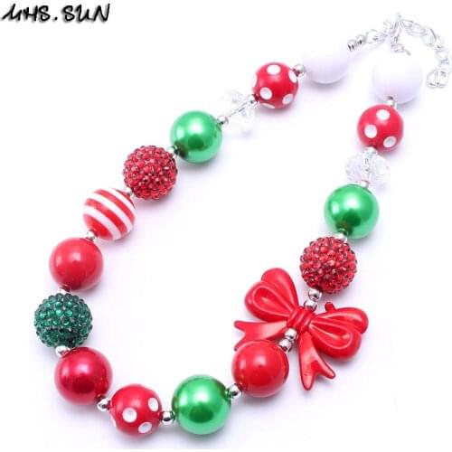 MHS.SUN New Christmas Chunky Beads Necklace With Bowknot For Child/Kids/Girls Bubblegum Necklace Festival Jewelry Gifts 2Pcs