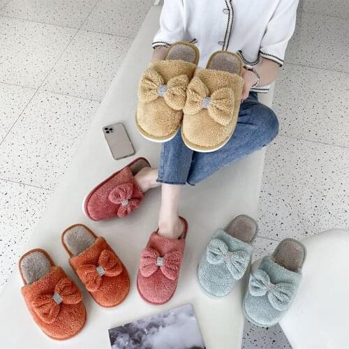 Women Fur Slippers Female Butterfly Bow Rhinestone Decoraation Round Toe Solid Color Flat Slides Ladies Cute Casual Indoor Shoes