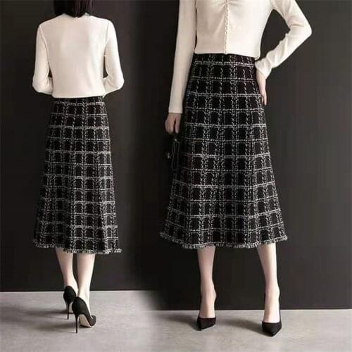 Vintage Winter Black Plaid Tweed Skirt Women Midi Long High Waist A-line Knitted Skirt Office Ladies Plus Size Slim Work Clothes
