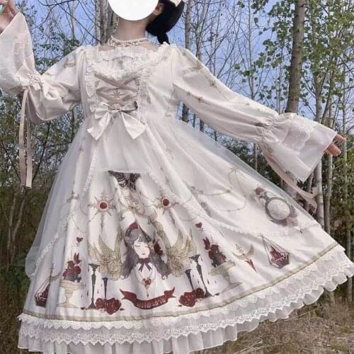 Japanese Women Gothic Lolita OP Dress Dream Girl Long Sleeve Princess Bandage Dress Sweet Lace Ruffles Bow Tea Party Dresses
