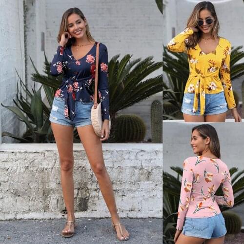 Spring And Autumn WomenS Printed Long Sleeve T-Shirt Slim And Thin Lace-Up V-Neck Short Top