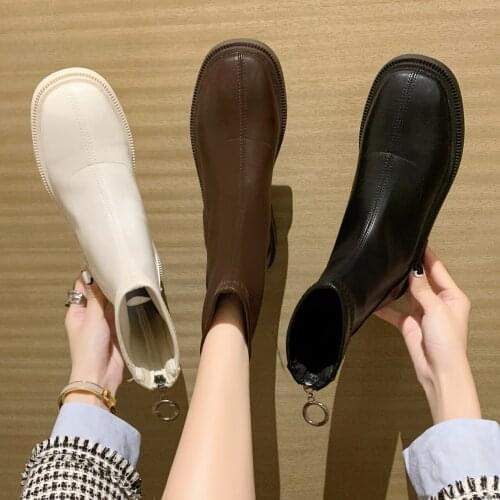 2021 Autumn Women Block Low Heels Ankle Boots Female Round Toe Back Zipper Chelsea Boots Fashion Soft Leather Shoes Black Beige