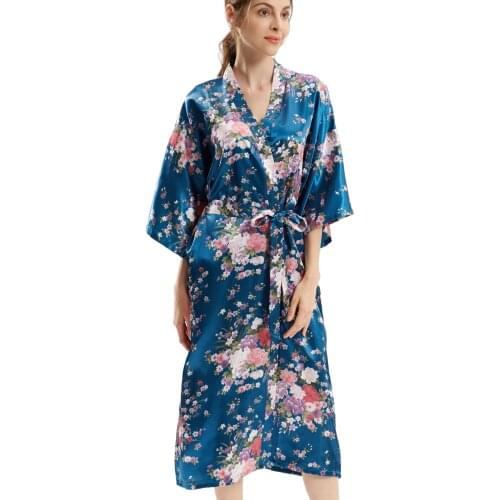 Womens Floral Long Robes Silky Blue Cherry Print Satin Kimono Bridesmaid Bride Party Lightweight Sexy Nightgown Sleepwear