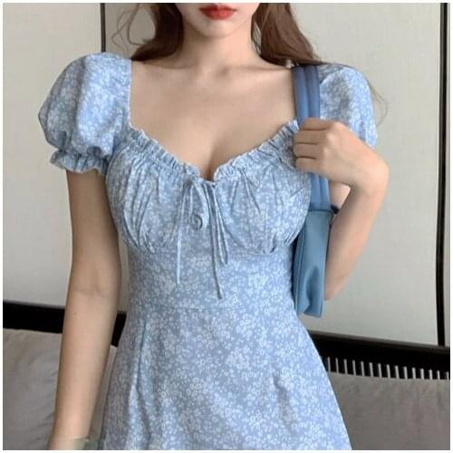 Women Summer Holiday Bow Fairy Dress Vintage Sexy Blue Floral Print A-Line Dress Slim Beach Mini Dress Vestidos Dress Plus Size