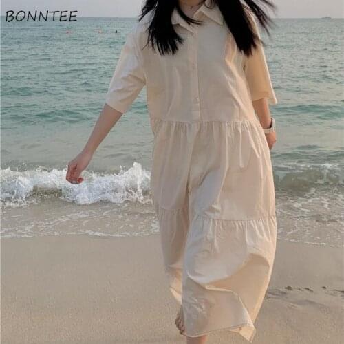 Dress Women Solid Color Students Loose Turn-down Collar Preppy Style Daily Japanese Style Single Breasted Sweet Popular Mujer