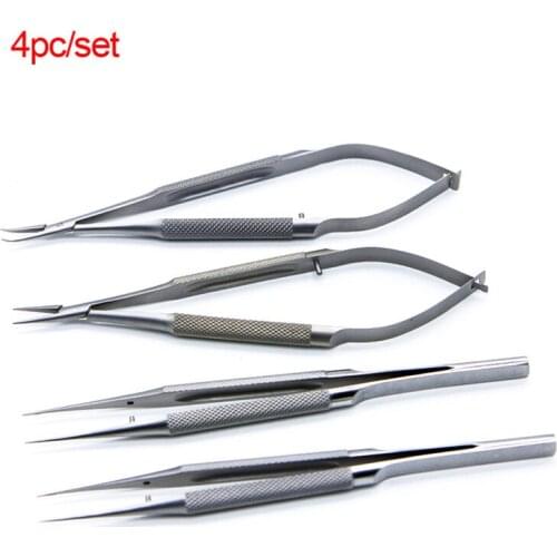 4pcs/set Ophthalmic Microsurgical Instruments 12.5cm Scissors+Needle Holders +Tweezers Stainless steel Surgical Tool
