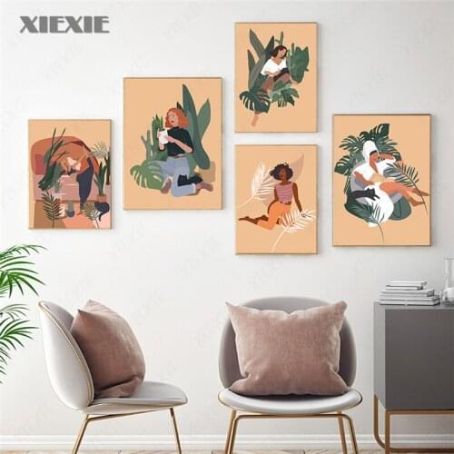 Abstract Fashion Girl Palm Leaf Monstera Wall Art Canvas Painting Nordic Posters and Prints Wall Pictures for Living Room Decor